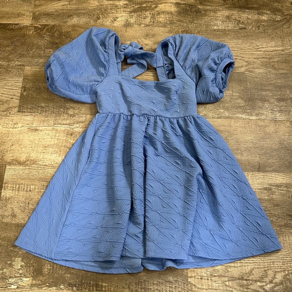 Free People Blue Violet Puff Sleeve Tie Back Mini‎ Dress Medium